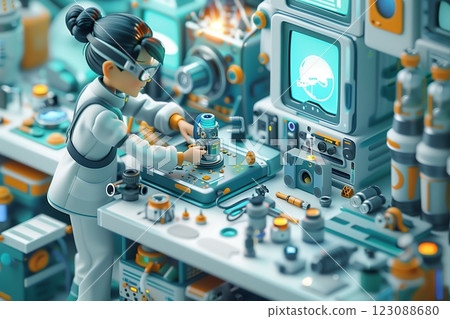 A scientist working on advanced technology in a futuristic laboratory setting. 123088680