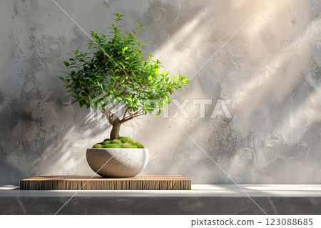 A serene bonsai tree in a minimalist pot enhancing interior decor. 123088685