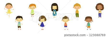 Funny Boy and Girl Kid Character Stand and Smile Vector Set Funny Boy and Girl Kid Character Stand and Smile Vector Set 123088769