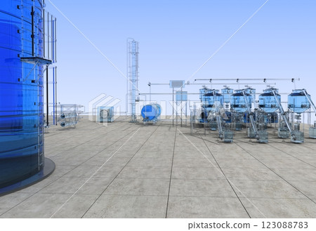 oil refinery, glass factory, exterior visualization, 3D illustration 123088783