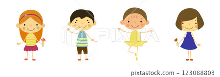 Funny Boy and Girl Kid Character Stand and Smile Vector Set Funny Boy and Girl Kid Character Stand and Smile Vector Set 123088803