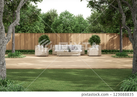 Modern contemporary wooden terrace with rattan furniture 3d render 123088835