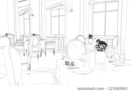 restaurant, 3D illustration, sketch, outline restaurant, 3D illustration, sketch, outline 123088901
