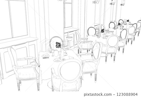 restaurant, 3D illustration, sketch, outline 123088904