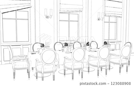 restaurant, 3D illustration, sketch, outline restaurant, 3D illustration, sketch, outline 123088908