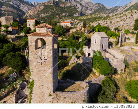 Stari Bar - ruined medieval city on Adriatic coast, Unesco World Heritage Site in Montenegro Aerial view 123088928