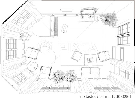 interior contour visualization, 3D illustration, sketch, outline interior contour visualization, 3D illustration, sketch, outline 123088961