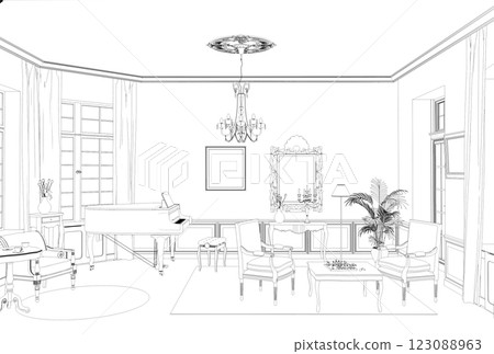 interior contour visualization, 3D illustration, sketch, outline interior contour visualization, 3D illustration, sketch, outline 123088963