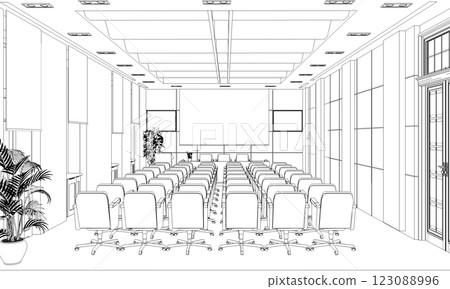 conference room, meeting room, contour visualization, 3D illustration, sketch, outline conference room, meeting room, contour visualization, 3D illustration, sketch, outline 123088996