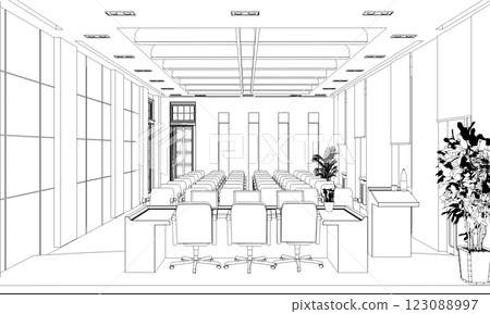 conference room, meeting room, contour visualization, 3D illustration, sketch, outline 123088997