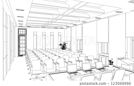 conference room, meeting room, contour visualization, 3D illustration, sketch, outline conference room, meeting room, contour visualization, 3D illustration, sketch, outline 123088998