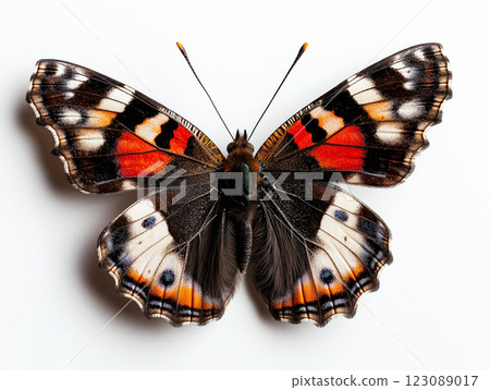 A vibrant Red Admiral butterfly with striking orange, black, and white markings resting 123089017