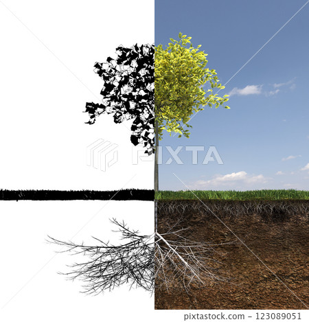 tree with strong and deep roots, 3d render 123089051