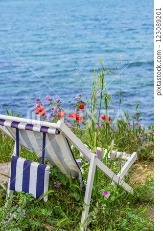 Striped deck chair on grassy shore with red poppies, wildflowers overlooking blue sea. Peaceful summer relaxation, coastal landscape Striped deck chair on grassy shore with red poppies, wildflowers overlooking blue sea. Peaceful summer relaxation, coastal landscape 123089201