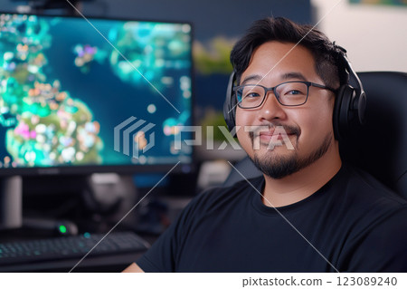 gamer participates streaming and interacting online. 123089240