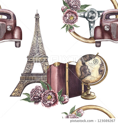 Seamless pattern with retro cars and Eiffel towers, vintage steering wheel, retro suitcases and a globe. Handmade watercolor illustrations. Colorful romantic pattern for textiles, wallpaper, packaging Seamless pattern with retro cars and Eiffel towers, vintage steering wheel, retro suitcases and a globe. Handmade watercolor illustrations. Colorful romantic pattern for textiles, wallpaper, packaging 123089267