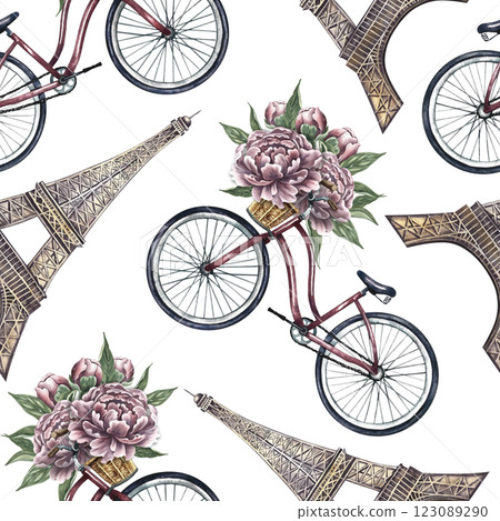 Seamless pattern with Eiffel towers, retro bicycles and peonies. Handmade watercolor illustration. A colorful, gentle, romantic image. For textiles, wallpaper and wrapping paper. Seamless pattern with Eiffel towers, retro bicycles and peonies. Handmade watercolor illustration. A colorful, gentle, romantic image. For textiles, wallpaper and wrapping paper. 123089290