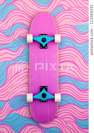 Pink skateboard on colorful wavy background with striped design. Pink skateboard on colorful wavy background with striped design. 123089291