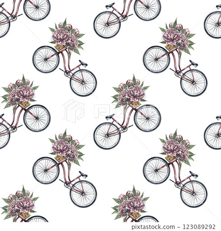 Seamless pattern with retro bikes and peonies. Handmade watercolor illustration. A colorful, gentle, romantic image. For textiles, wallpaper and wrapping paper. Seamless pattern with retro bikes and peonies. Handmade watercolor illustration. A colorful, gentle, romantic image. For textiles, wallpaper and wrapping paper. 123089292