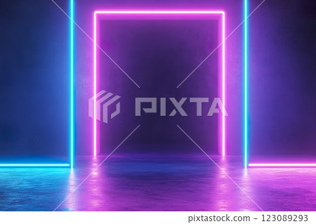 Futuristic neon lit room with blue and pink glowing lights. 123089293