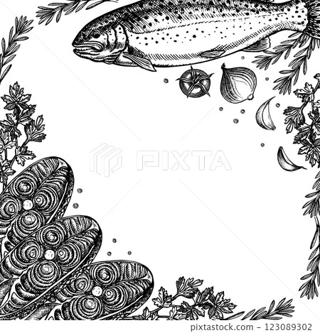 A frame with trout, whole fish and sliced, with lemon and vegetables. Hand-drawn vector illustration. Black and white image. On a white background. For menus, recipes, packages, labels, invitations. A frame with trout, whole fish and sliced, with lemon and vegetables. Hand-drawn vector illustration. Black and white image. On a white background. For menus, recipes, packages, labels, invitations. 123089302