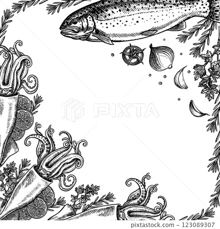 A frame with seafood, squid, trout, lemon, herbs and vegetables. Hand-drawn vector illustration. Black and white image of delicacies. On a white background. For menus, recipe books, packages, labels. 123089307