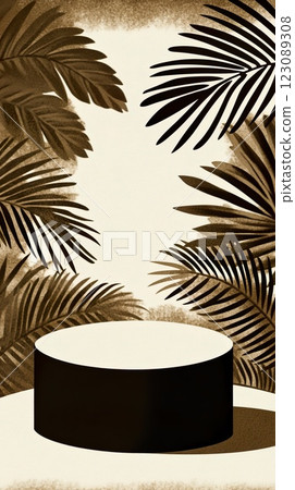 Empty display pedestal surrounded by tropical leaves in monochrome design. 123089308