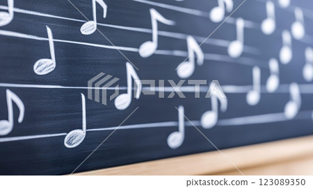 Chalk drawn musical notes on blackboard with staff lines. 123089350