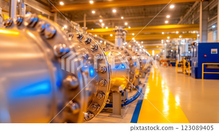 Visual representation of advanced energy production facility showing intricate machinery. 123089405