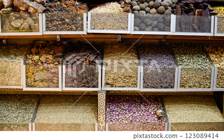 Various spices displayed in a local bazaar market in Marrakesh 123089414