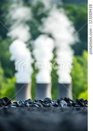 Coal piles on ground with steam billowing from energy generation cooling towers nearby. 123089416
