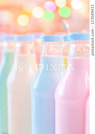Colorful flavored milk bottles displayed in a grocery store setting. Colorful flavored milk bottles displayed in a grocery store setting. 123089431
