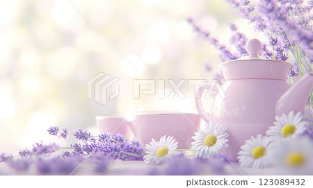 Refreshing tea time with lavender and daisies in a vintage cottage core setting. Refreshing tea time with lavender and daisies in a vintage cottage core setting. 123089432