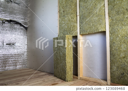 Wooden frame for future walls with drywall plates insulated with rock wool and fiberglass insulation staff for cold barrier. Comfortable warm home, economy, construction and renovation concept. 123089468