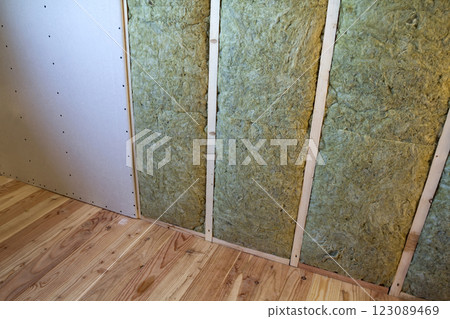 Wooden frame for future walls with drywall plates insulated with rock wool and fiberglass insulation staff for cold barrier. Comfortable warm home, economy, construction and renovation concept. 123089469