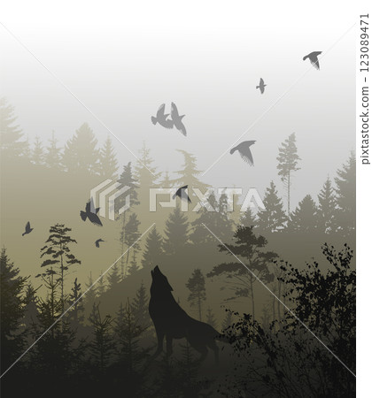 A wolf howls in a foggy forest. hand drawing. Not AI, Vector illustration. A wolf howls in a foggy forest. hand drawing. Not AI, Vector illustration. 123089471