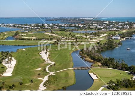 Waterfront golf course in Florida. Sports grounds with green grass in Boca Grande, small town on Gasparilla Island 123089521