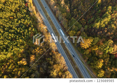 USA highway transportation infrastructure in North Carolina Appalachian mountains. American freeway road with fast driving semi trucks 123089565
