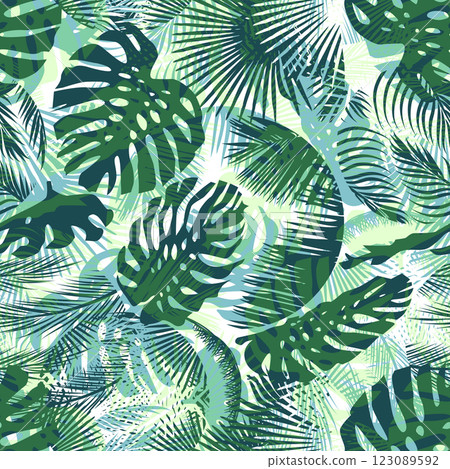 Seamless background palm leaves. Palm leaf pattern. Vector illustration. Decor element. Hand drawing. Not AI, Vector illustration 123089592
