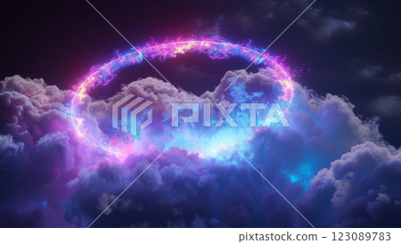 Neon light illuminates the abstract clouds, creating a mesmerizing aura in the dark cosmic sky, inspiring wonder and imagination 123089783
