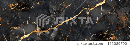 Admire the stunning beauty of ultra-realistic black marble adorned with luxurious golden veins, perfect for sophisticated designs 123089790