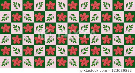 Seamless pattern with red meadow flowers and branches, on checked pink and green background, vector Seamless pattern with red meadow flowers and branches, on checked pink and green background, vector 123089852