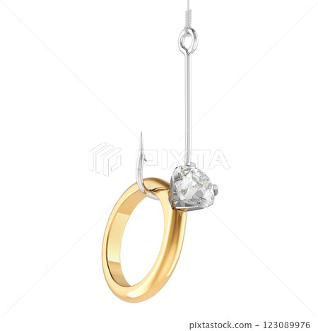 Hook with golden engagement ring with diamond, 3D rendering Hook with golden engagement ring with diamond, 3D rendering 123089976