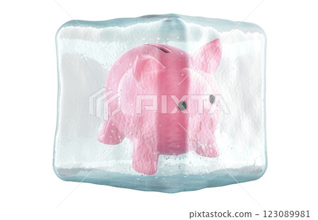 Piggy bank frozen in ice cube, 3D rendering 123089981