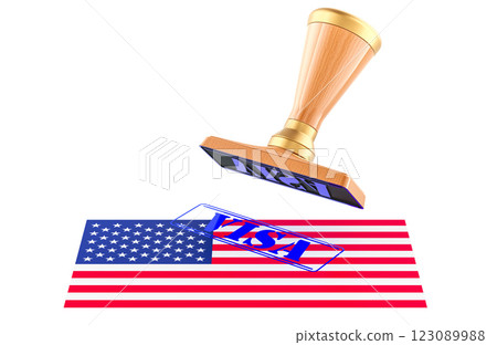 United States Visa Approved with Rubber Stamp and flag, 3D rendering 123089988