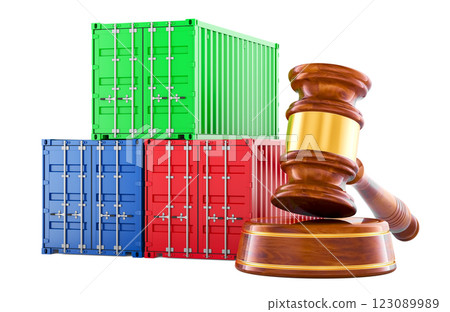 Wooden Gavel with Cargo Containers. 3D rendering 123089989