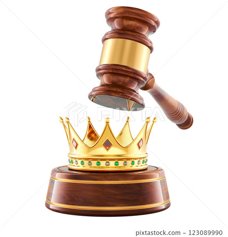 Wooden Gavel with Gold Royal Crown, 3D rendering 123089990