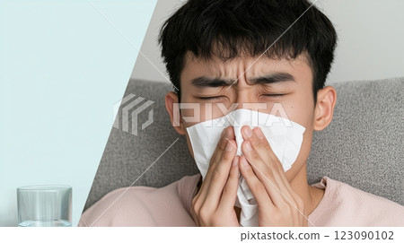 Close-up of a young Asian man sneezing into a tissue while sitting on a couch. A concept of seasonal allergies, flu, cold, and respiratory illness 123090102