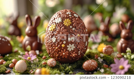 Beautifully crafted chocolate Easter egg with delightful decorations and bunnies 123090218