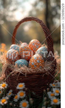 Natural Easter basket filled with beautifully decorated eggs in soft pastel colors 123090229